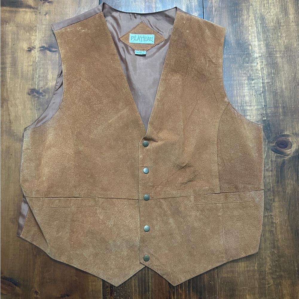 Tan Leather Vest Men’s XXL Plateau Button Down Vest with Pockets